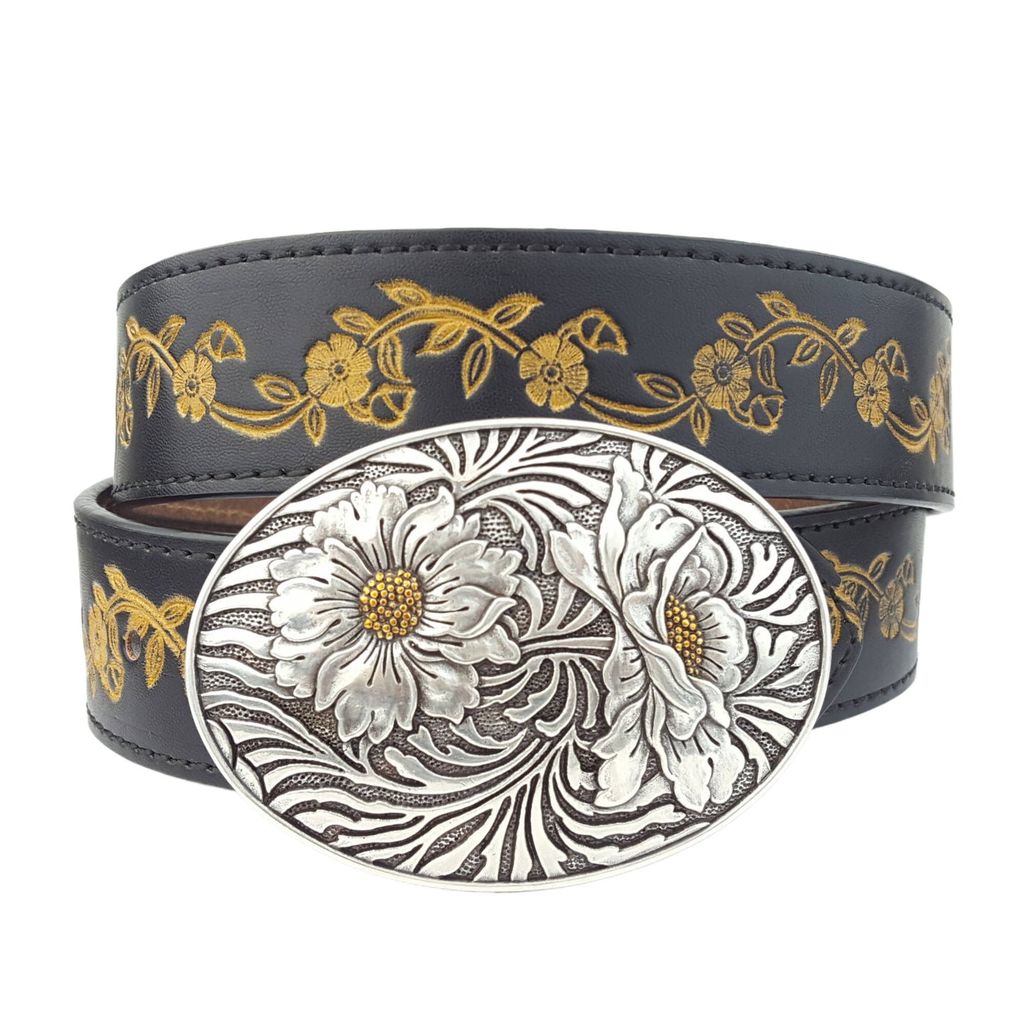 AXESORIA WEST Sunflower Buckle with Floral Tooled Leather Belt Black