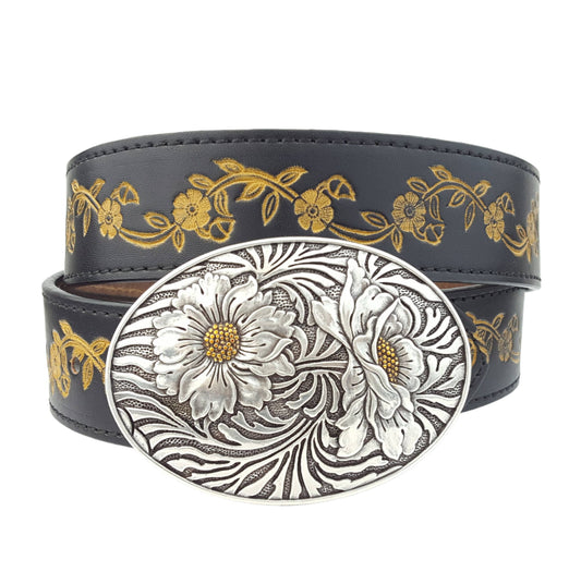 Sunflower Buckle with Floral Tooled Leather Belt Black