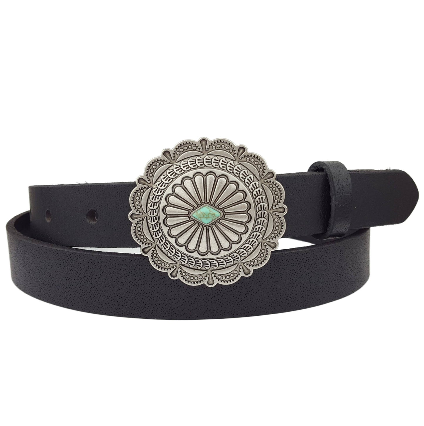 AXESORIA WEST Leather Skinny Belt with Western Style Turquoise Buckle: Black