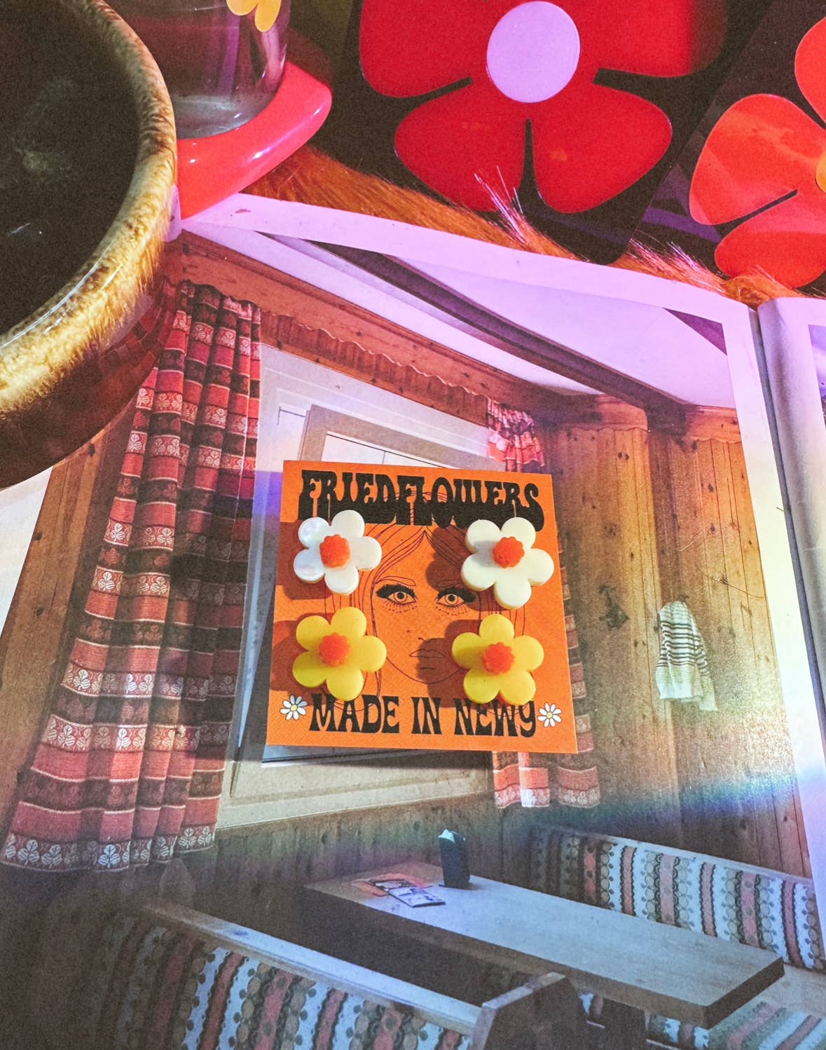 FRIED FLOWERS Groovy Orange sunshine 2 pair Flower Stud earrings