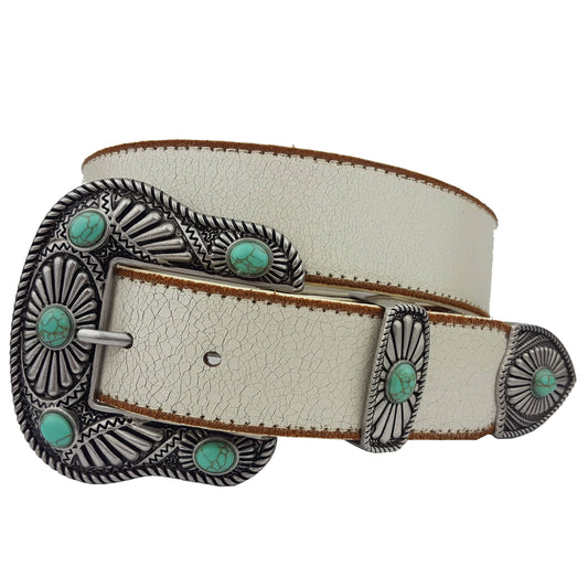 White Leather Belt With Western Buckle