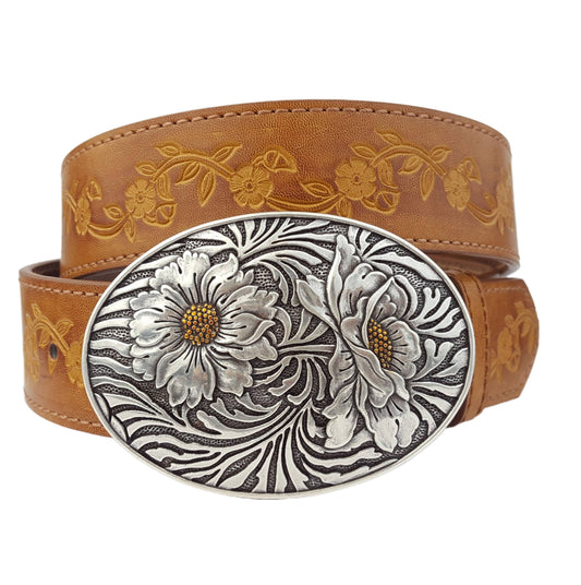 Sunflower Buckle with Floral Tooled Leather Belt Tan
