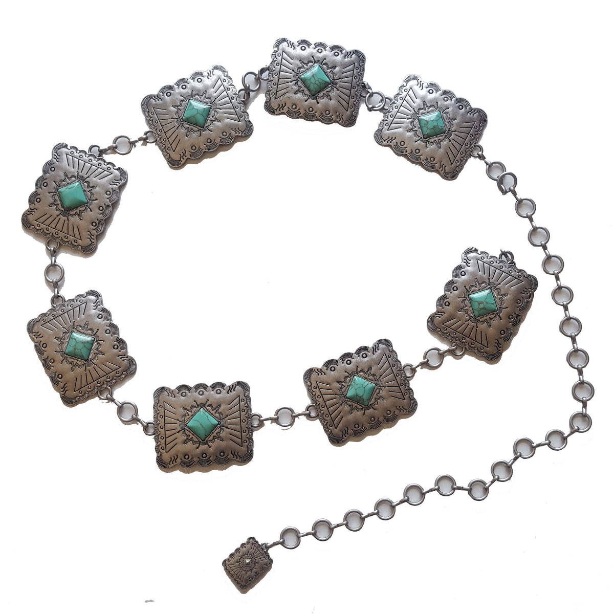 AXESORIA WEST Western Silver Rectangular Concho Chain belt with stones: Blue